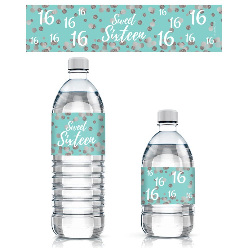 DISTINCTIVS Blue and Silver Sweet 16 Birthday Party Water Bottle Labels, Sweet Sixteen Birthday Stickers for Water Bottles - 20 Count - Image 1